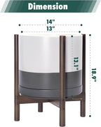 D'vine Dev Ceramic Planter with Walnut Color Stand - 14 Inch Modern Round Flower Pot with Wood Planter Holder, White/Grey, 55-B-T-6