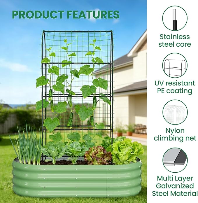 SUNYRISY Galvanized Raised Garden Bed with 71in Arch Trellis for Climbing Plants, Outdoor Planter Box with Climbing Net for Gardening Flowers Vegetables Fruits Herbs, Green