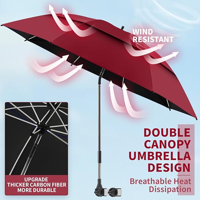 48.6" Double Canopy Beach Umbrella with Clamp, UPF50+ Beach Chair Umbrella with clip, 360°Adjustable Portable Outdoor Wheelchair, Patio, Golf Carts,Camping(Wine Red)
