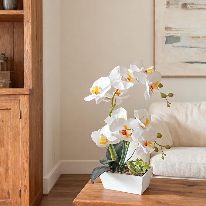 Fake Orchid Realistic Artificial Flowers Real Touch White Orchid Fake Potted Plants For Home Decor Indoor Phalaenopsis Orchids Centerpiece Flower Arrangement Table Decorations For Dining Room Bathroom