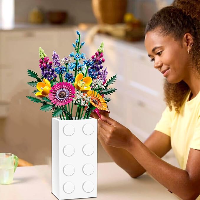 Vase for LEGO 10347 10280 10328 Flowers, for Lego Flower Bouquet Building Set,Display Stand for LegoRoses Cherry Blossom Sunflower Tulips Daffodils Lotus-Gift for Lego Flowers Lover(vase only)-White