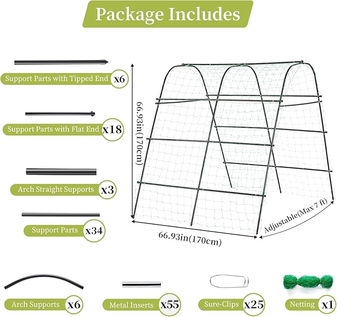 Cucumber Trellis for Raised Bed 67" x 67" U-Frame Garden Arch Tunnel with Netting Vegetable Fruit Flower Lightweight Metal Plant Support for Climbing Plants Outdoor,Black
