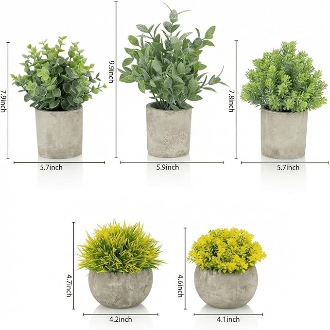 5 Pack Fake Plants, Artificial Eucalyptus & Greenery in Cement Pots - Small Potted Faux Plants for Indoor Outdoor Shelves, Desk, Table, Farmhouse Bathroom, Office & Modern Home Decor