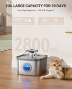Stainless Steel Cat Water Fountain, 2.8L with 20dB Ultra-Quiet Pump- Ideal for Timid Pets, LED Water Level Window, Dishwasher Safe, 24/7 Circulation- Includes 9 Replacement Filters