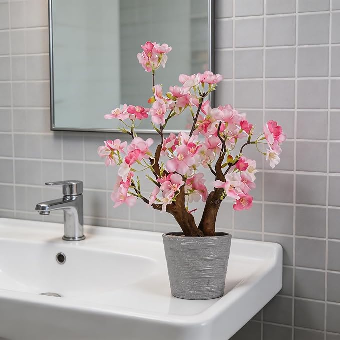 TOARTi Artificial Pink Cherry Blossom Potted Plant with Pot, 9.8" Tall Fake Flowers Faux Plant Desk Decor, Realistic Decorative Plants Indoor Decor for for Home Bedroom Bathroom Office Desk