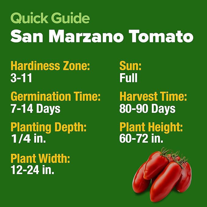 HOME GROWN San Marzano Tomato Seeds 132+ Heirloom Non-GMO Seeds for Planting, High Germination, Indeterminate Roma Paste Tomato, Meaty Low Acid, Best for Sauce & Canning (Solanum lycopersicum)