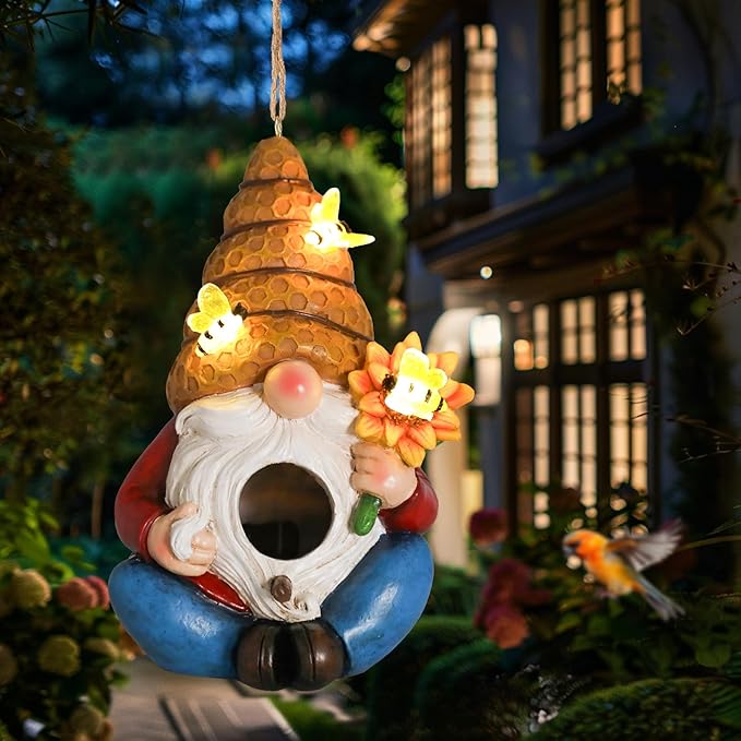 Bird House for Outside, Birdhouses for Outdoors, Decorative Bird Houses, Hanging Funny Bee Solar Gnome Birdhouse for Outside Cardinal Bluebird Wild Birds