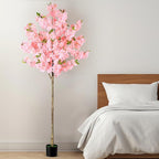 OUSHENG Artificial Cherry Blossom Tree, Fake Plants Indoor Decor, Faux Pink Sakura Flowers for Living Room Home House Entryway Bedroom Office Inside Decorations, 6FT