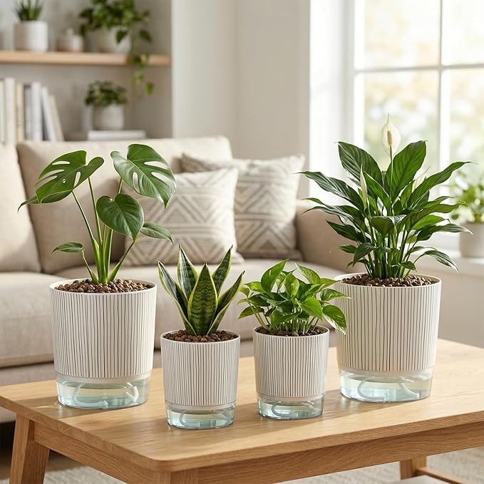 4 Pack Self Watering Pots Set, 4+5.5 Inch Self Watering Pots for Indoor Plants, Planter Pot with Wick Rope and Reservoir for African Violet, Spider Plant, Orchid