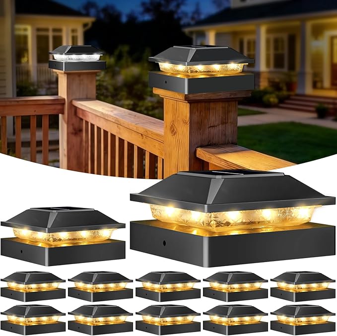 Peasur 4x4 Solar Post Cap Lights, 2 Modes 16 LED Post Solar Lights Waterproof, 12 Pack Black Fence Deck Lights Fit Wooden/Vinyl Post for Porch Patio