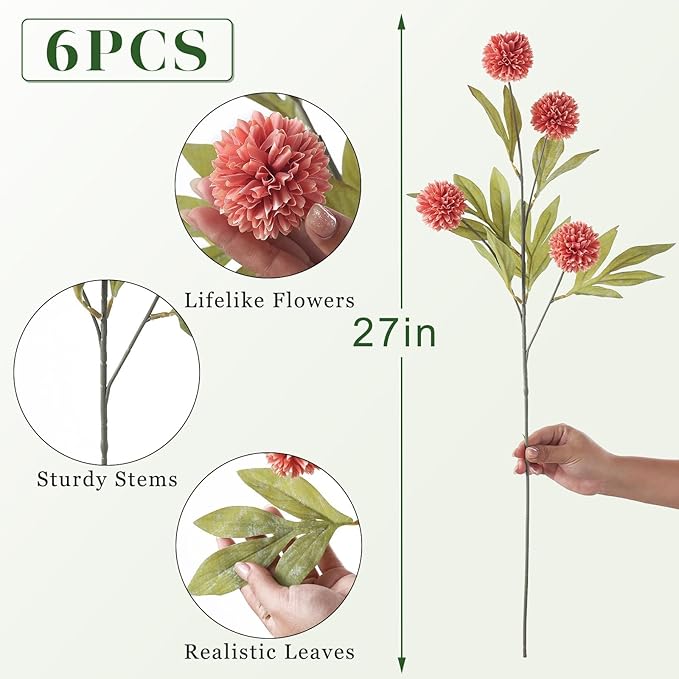 VIERENA 6 Pcs Faux Silk Pompon Mum Artificial Flowers for Vase -27", Bulk Fake Chrysanth Branches with Stems for DIY Bouquet Centerpieces Wedding Fillers Arrangements Shower Decorations (Dusty Pink)
