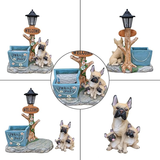 Animal Outdoor Statue Planter Solar Light Welcome Garden Sculpture Resin Flower Pot Decorative Porch Patio Yard Lawn Entryway Figurine with LED Lamp Rustic Plant Holder Ornament Courtyard (J)