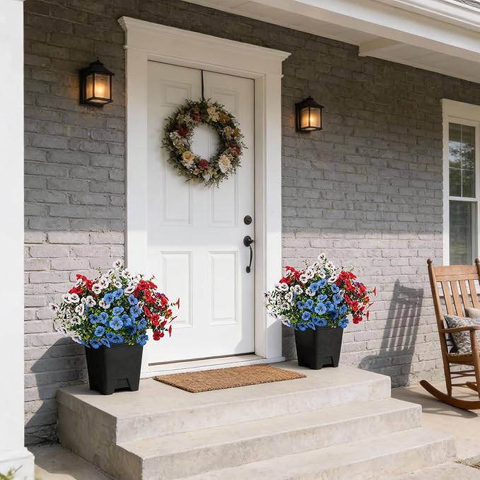17 Inch Artificial Faux Pansy Flowers for Outdoor,Fake Pansies Flowers with Eucalyptus Leaves Fake Plants Greenery Boxwood Porch Patio Decor 6 Bundles(Red,Blue,White)