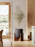 LE TAUCI 12 Inch Planter with Acacia Wood Stand, Ceramic Large Plant Pot for Indoor Plants, Cylinder Pots with Drainage Hole and Plug, Charcoal Gray