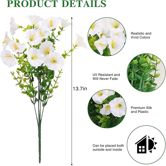 CEWOR 12 Bundles Artificial Flowers for Outdoor Indoor, Fake Silk Morning Glory with Eucalyptus Leaves, Faux Flower for Garden Front Door Porch Planter Patio Home Decor (White)