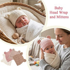 4 Pack Newborn Girl Hats and No Scratch Mittens Set 0-3 Months | 3D Bear Ear Baby Beanies for Newborn Girls Soft Cotton Infant Hat Mitten Pack (White Pink Khaki Brown)