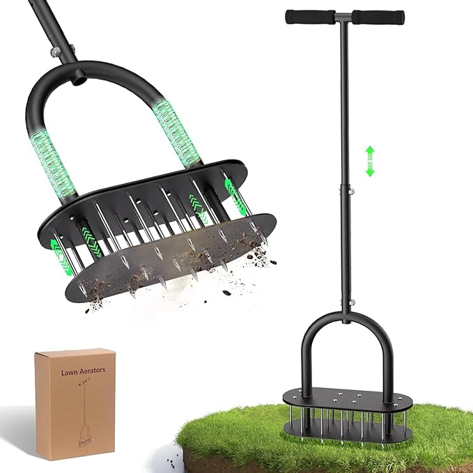 Lawn Aerator Automatic Dirt and Leaf Clean Design,Pre-Assembled 15 Iron Spikes Metal,Soil Lawn Aerating Tools for Yard Lawn and Garden, Lawn Aerator Spikes aerating Tool