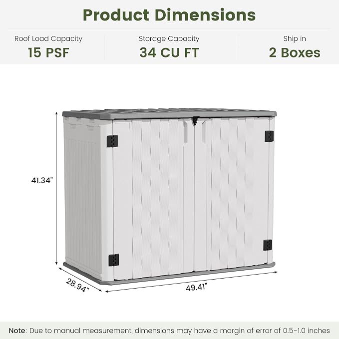 UDPATIO 34 Cu.Ft Resin Outdoor Storage Shed, Patio Plastic Vertical Sheds with Floor, Waterproof Bin Shed Horizontal Storage Cabinet for Patio, Backyards, Garden, Pool, Tool Shed