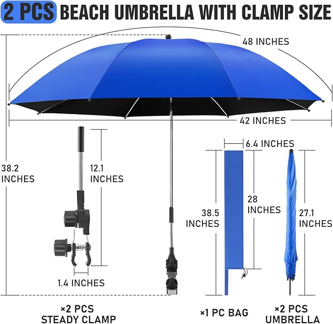 2 PACK Beach Umbrella with Clamp, 360 ° Adjustable Umbrellas for Chair, UPF50+ Umbrella for Beach Chair, Patio Chair, Wheelchair, Camping Chair, Golf Carts (Chair Not Included)