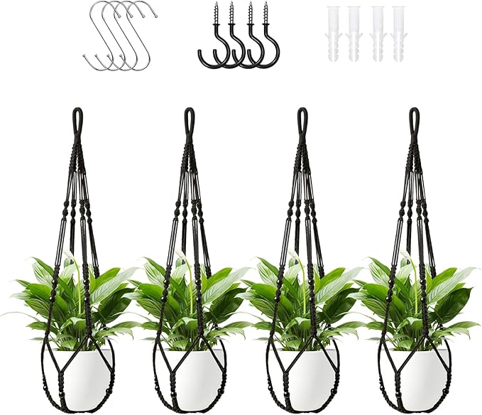 LEWESU Macrame Plant Hanger Indoor Set of 4 with 8 Hooks, Indoor Outdoor Hanging Planter for Plants Holder with Decorative Wood Beads & No Tassels, Boho Home Decor, 35 Inch Black (Pots Not Included)