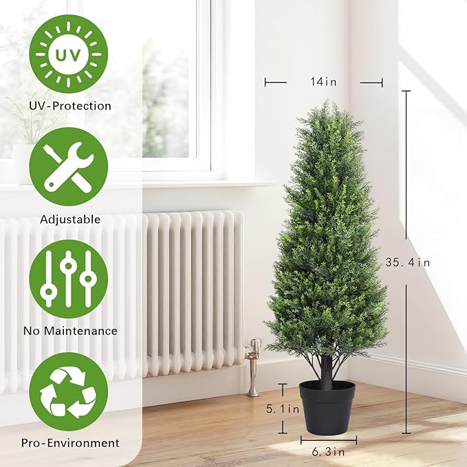 Artificial Cedar Topiary Trees Set of 2, 36'' UV Resistant Faux Cypress Pine Plants Outdoor, 3ft Large Realistic Faux Evergreen Cone Bushes & Shrubs for Front Porch Planter Christmas Decor
