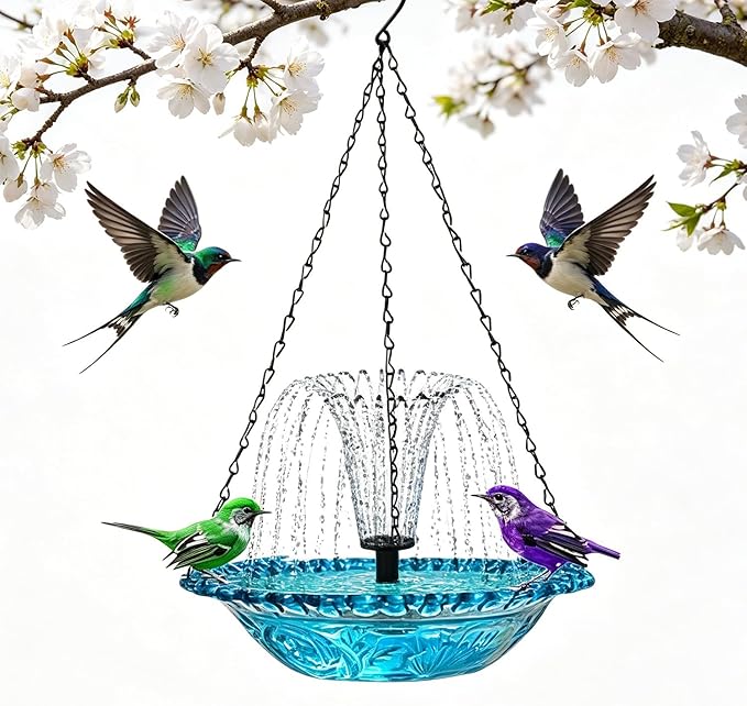 Hanging Bird Bath with USB Nozzle Fountain, USB Powered Bird Bath Fountains for Outside, Garden Patio Yard Decor with Adjustable Chain, Blue