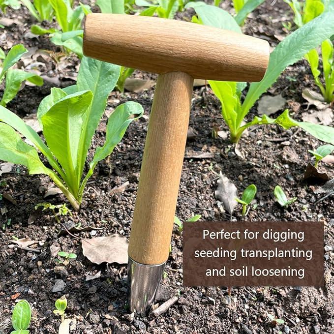 Hand Dibber, Stainless Steel Sow Dibbler with Wood Handle, Garden Hole Punch Dibbler Tool for Planting Seeds & Bulbs, Hand Held Bulb Planter for Planting Flowers Tulips, Daffodils, Dahlias