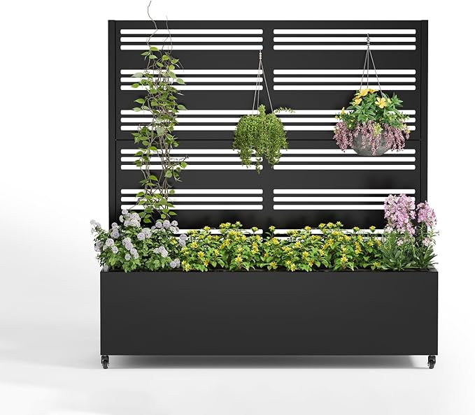Metal Raised Garden Bed Trellis Large Outdoor Planter Box for Patio,Balcony Privacy Planters for Patio 48.4" x 47"x 15.7 Wheels Drainage Holes,for Climbing Vegetables,Flowers,Vines（Black）