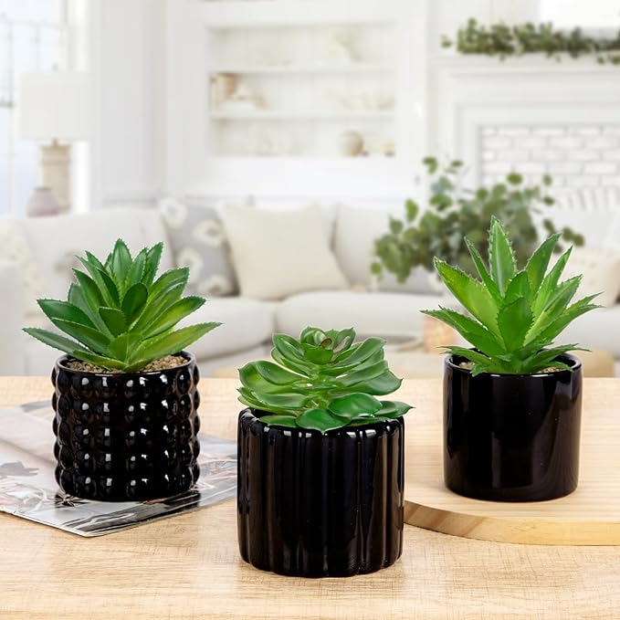 Briful Succulents Plants Artificial in Black Ceramic Pots (Set of 3), Small Fake Plants for Home Office Desk Decor – Modern Mini Potted Succulents for Bathroom, Bedroom, Living Room Table, Shelf