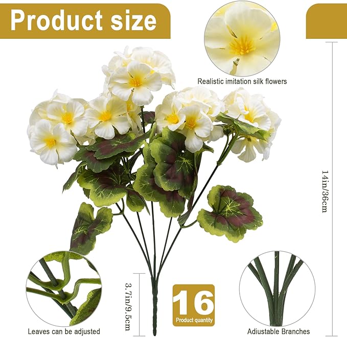 lovemoon 16 Pcs Artificial Geranium Plant with Realistic Silk Flowers and Green Leaves，Faux Geranium Flowers for Indoor Outdoor Home Garden Office Decoration (16, White)