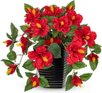 Briful 15.7'' Artificial Hibiscus Plant in Tall Black Woven Planter, Tropical Faux Hibiscus Flowers with Cascading Leaves, Small Fake Flower Pot for Bathroom, Entryway Table, Living Room Decor, Red