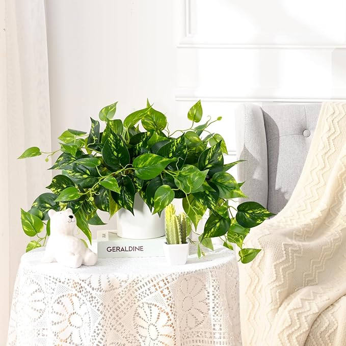 Waipfaru Fake Plants Artificial Plants Indoor, Realistic Artificial Hanging Fake Pothos with Plastic Pots, Faux Pothos for Home Shelf Bathroom Kitchen Office Indoor Outdoor Decor