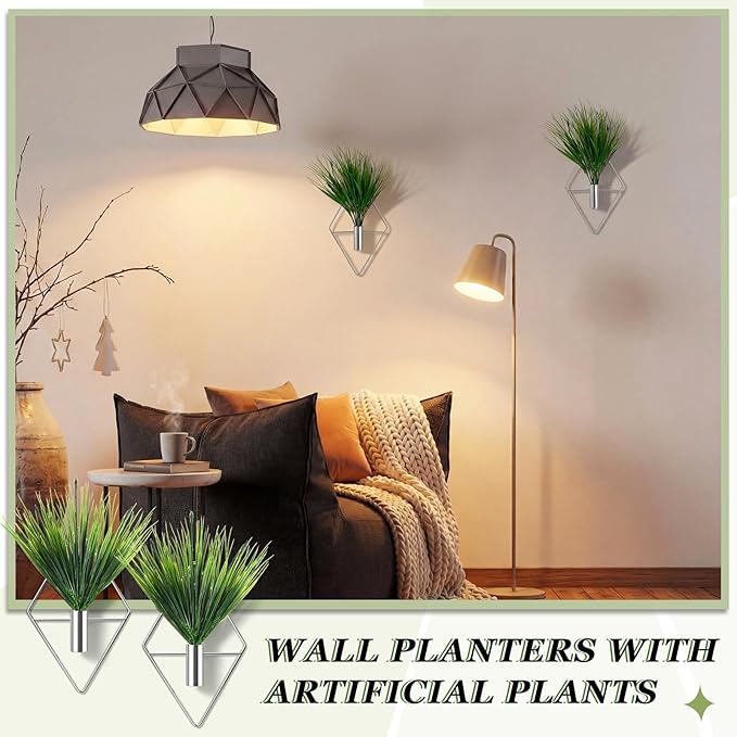 Canlierr 8 Pieces Silver Wall Decor Hanging Planters with Artificial Plants Metal Vase Indoor Aquatic Plant Holder Modern Geometric Wall Art for Home Bathroom Bedroom Living Room Office