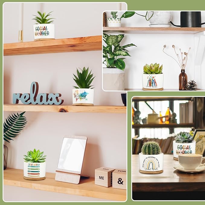 Sieral 12 Pcs Thank You Employee Appreciation Gift Succulent Pots Social Worker Gift Ceramic Plant Pot with Bamboo Tray Succulent Planter for Coworker Teacher, Plants Excluded (Social Worker)