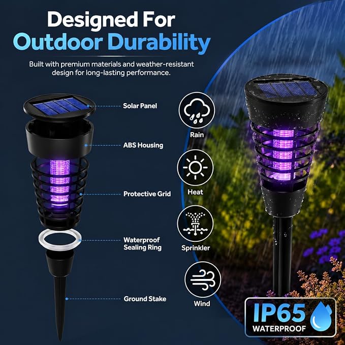 Solar Mosquito Zapper Outdoor 4 Pack, 2-in-1 Mosquito Trap Light Used to Keep Away Gnat Small Flying Insect,Waterproof Bug Zapper for Outside,Solar Fly Zapper for Patio Garden Backyard