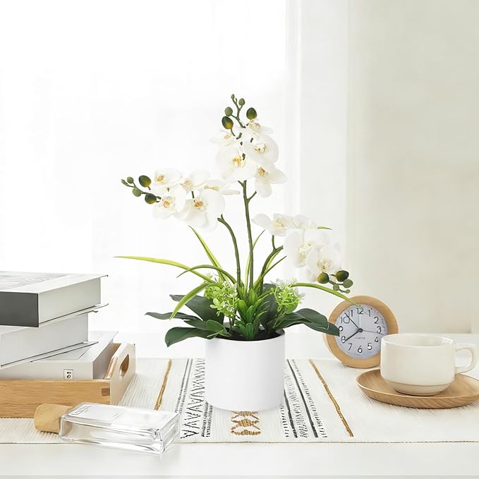 Garvee Real Touch Silk Phalaenopsis Orchid Artificial Flowers - 3 Stems Faux Orchid Bough with Vase, Lifelike Large Fake Flowers in Pot for Home Decor Living Room Bedroom Office Tabletop