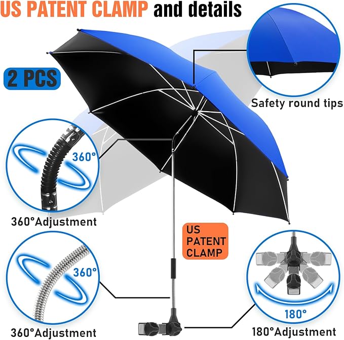 2 PACK Beach Umbrella with Clamp, 360 ° Adjustable Umbrellas for Chair, UPF50+ Umbrella for Beach Chair, Patio Chair, Wheelchair, Camping Chair, Golf Carts (Chair Not Included)