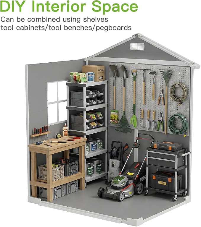 6x4 FT Outdoor Storage Shed with Floor & Window, All-Weather Resin Garden Tool Shed, Waterproof Plastic Garden Shed with Lockable Door, Vents & Roof Rainwater Drainage for Backyard, Garden, Poolside