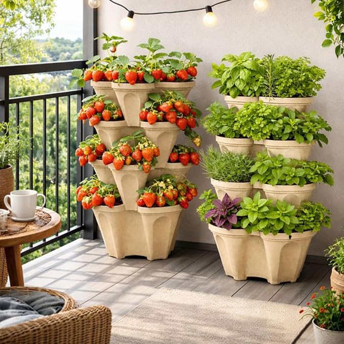 Stackable Vertical Planter Tower, 4 Tier Strawberry Planter, 28 Plant Sites, Space Saving Garden Planter for Vegetables & Herbs, Indoor Outdoor, Made in USA (Desert Sand)