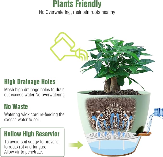 UOUZ 12 inch Large Self Watering Pots, Plastic Planters with 60oZ Removable Deep Reservoir and Multi Mesh Drainage Holes for Indoor Outdoor Garden Plants and Flowers, Green with Brown