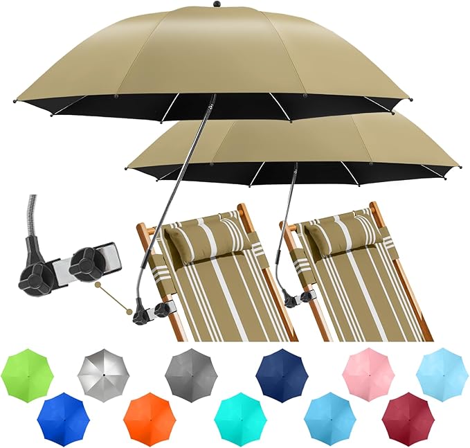 2 PACK Beach Umbrella with Clamp, 360 ° Adjustable Umbrellas for Chair, UPF50+ Umbrella for Beach Chair, Patio Chair, Wheelchair, Camping Chair, Golf Carts (Chair Not Included)