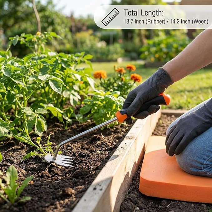 Weed Puller Tool with Thick Work Gloves, 4-Teeth Stainless Steel Hand Weeder, Deep Root Weed Remover for Dandelions Crabgrass, Gardening Weeding Tools for Garden Backyard Farm 13.7inch
