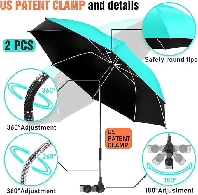 2 PACK Beach Umbrella with Clamp, 360 ° Adjustable Umbrellas for Chair, UPF50+ Umbrella for Beach Chair, Patio Chair, Wheelchair, Camping Chair, Golf Carts (Chair Not Included)