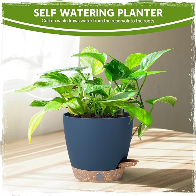Self-Watering Pots for Indoor Plants with Visible Water Window,5/6/6.5/8/10 Inch Outdoor Flower Pots with Drainage Holes & Reservoir for Patio, Home Decor (Blue)