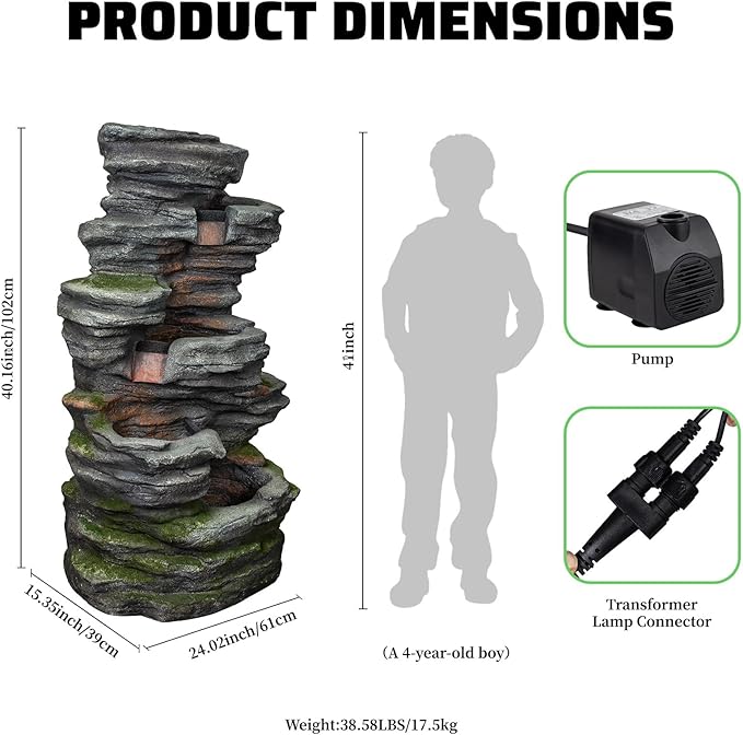 Solarbloom Water Fountain Outdoor/Indoor, 5-Tier Spiral Cascading Stacked Waterfall Fountain, Freestanding Resin Water Feature for Patio, Garden, Backyard, Deck