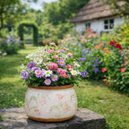 Vintage Ceramic Flower Pot - Indoor Outdoor Planters with Drainage Holes & Filter Screen, 9’’ Large Rustic Farmhouse Decorative Plant Pots for Garden/Patio/Balcony (Daisy Bouquets, Large)
