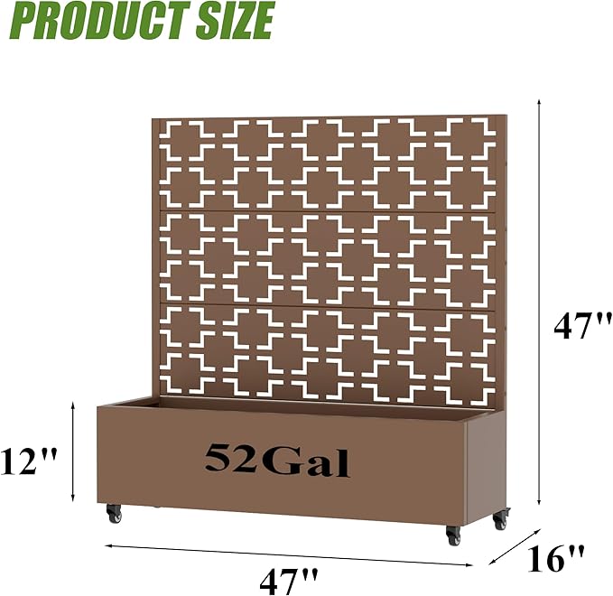 Casaphoria Metal Raised Garden Bed with Trellis and Wheels, 47"x47"x16" Planter Box for Climbing Plants, Vegetables & Vines, Features Drainage Holes and Privacy Screen, Brown-Square