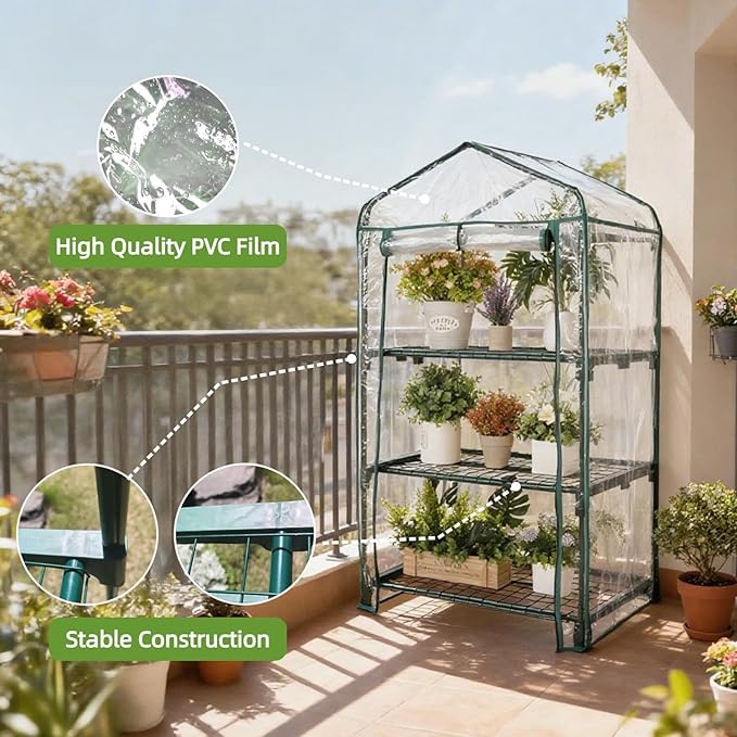 Mini Greenhouse for Indoor Outdoor, Small Plants Green House with 3 Tier Shelves, Portable Plastic Greenhouses with Transparent PVC Cover for Garden Backyard Patio Balcony Porch
