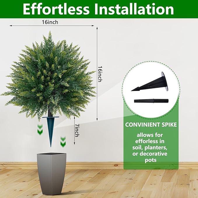 2PCS Artificial Cedar Topiary Ball Trees 23" for Outdoors with Ground Spike, UV Resistant Artificial Cypress Trees, Evergreen Shrubs Bushes Faux Plants for Front Porch Garden Backyard