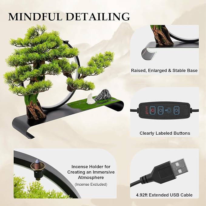Zen Artificial Bonsai Tree with Adjustable LED Light Ring, Realistic Simulation Welcome Pine with Buddha Statue Decoration, Faux Potted Plant for Living Room Office Studies Meditation